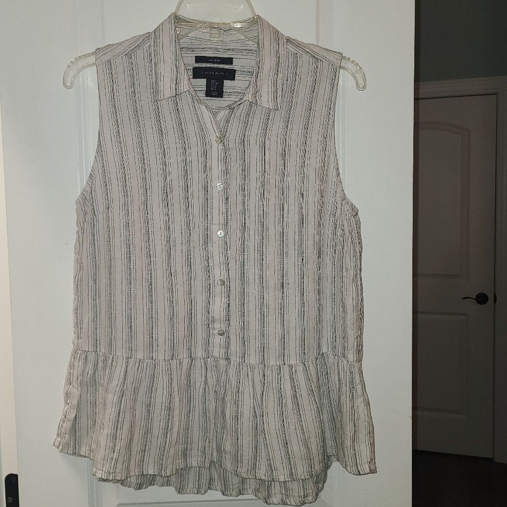 Tahari Linen Ruffle Sleeveless Blouse - Picture 4 of 12